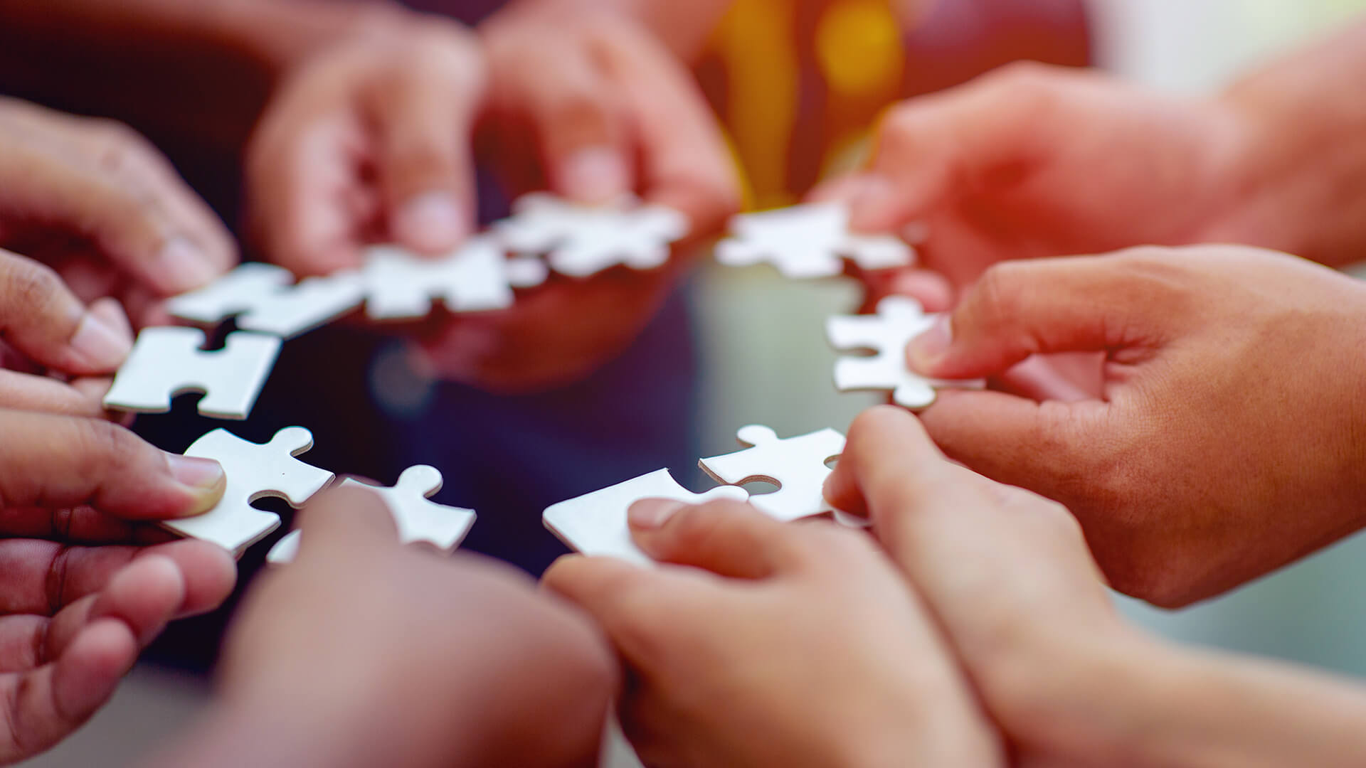 Cinq personnes réunissent leur pièces de puzzles