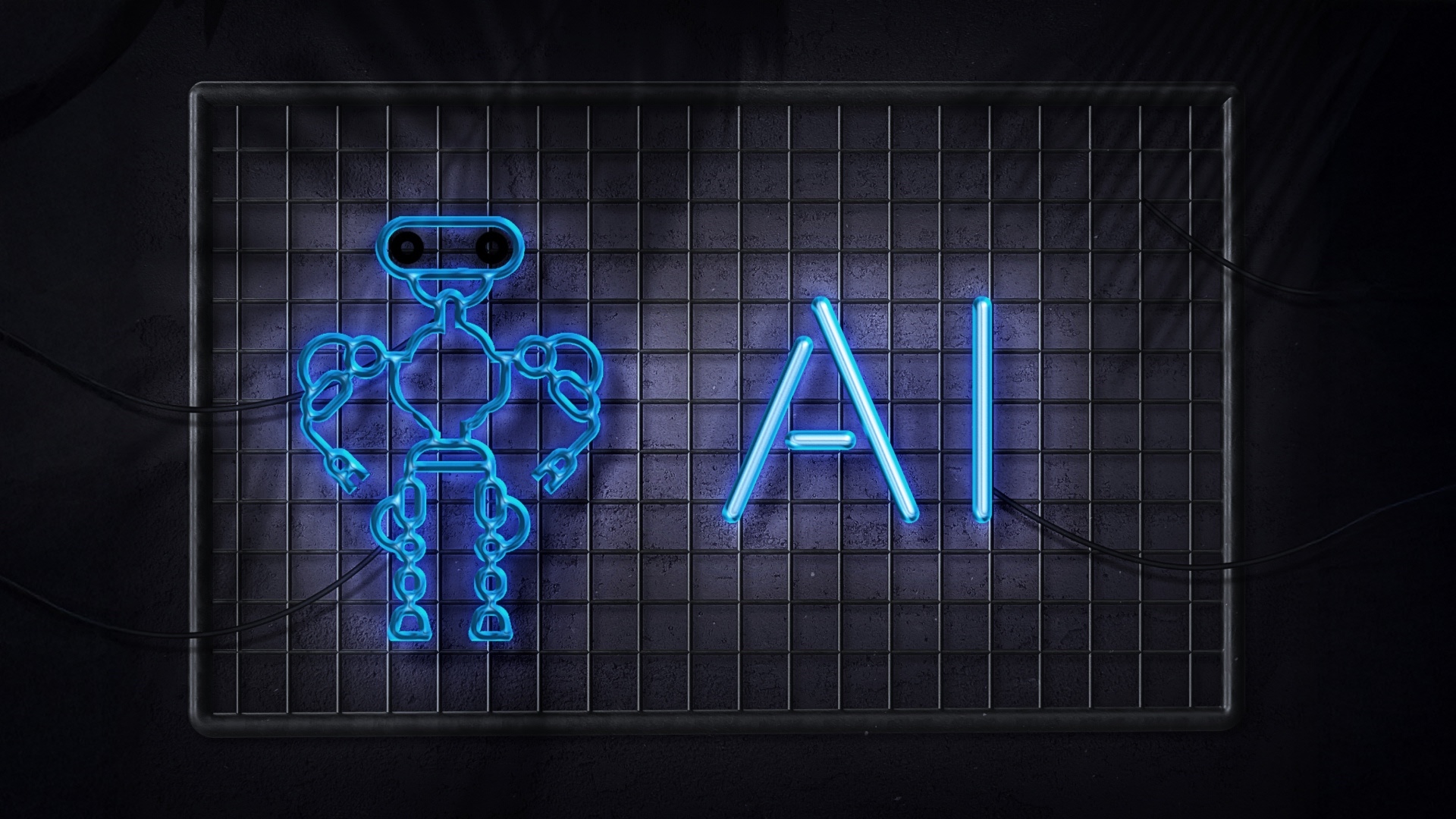 Blaue, roboterähnliche Figur und AI-Schriftzug an der Wand, steht für Multiagenten