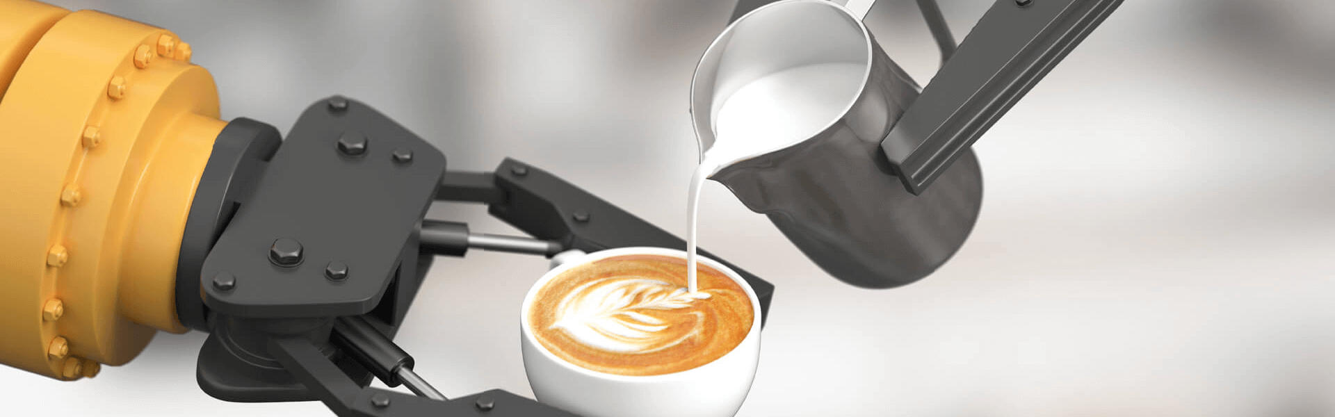 Un bras robot verse de la crème dans une tasse tenue par un autre bras robot en dessinant un motif et en ne débordant pas