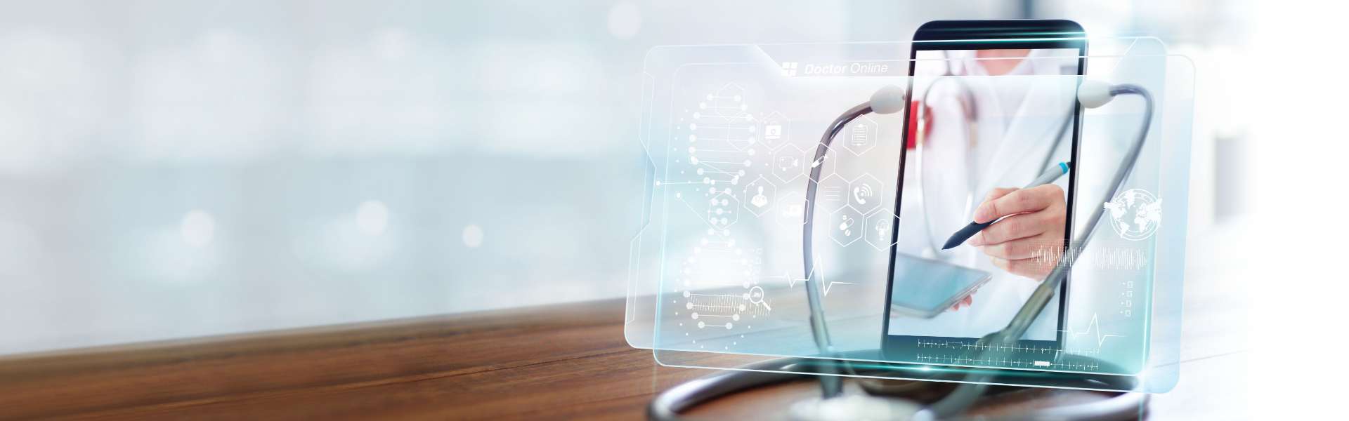Un écran translucide avec des données médicales laisse entrevoir un stéthoscope et un smartphone